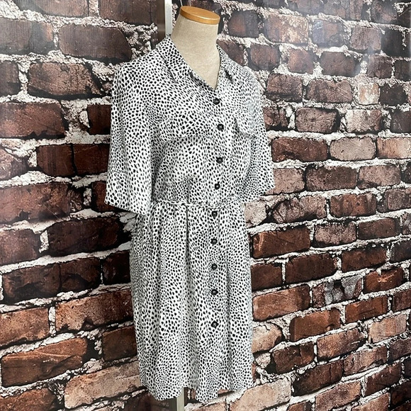 Topshop Shirt Dress Women's 8 Black White Leopard Print Button Up Retro - Picture 7 of 15